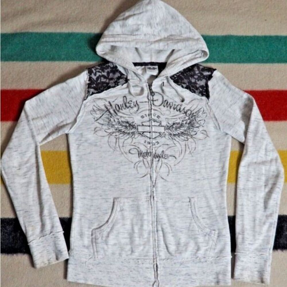 VTG Y2k 2000s Harley Davidson White Black Lace Wings Hoodie Sweatshirt Sz W3